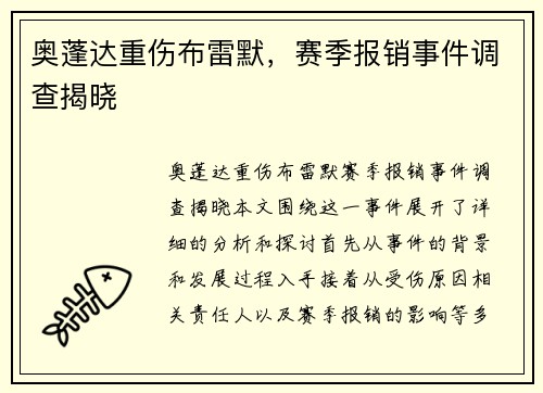 奥蓬达重伤布雷默，赛季报销事件调查揭晓